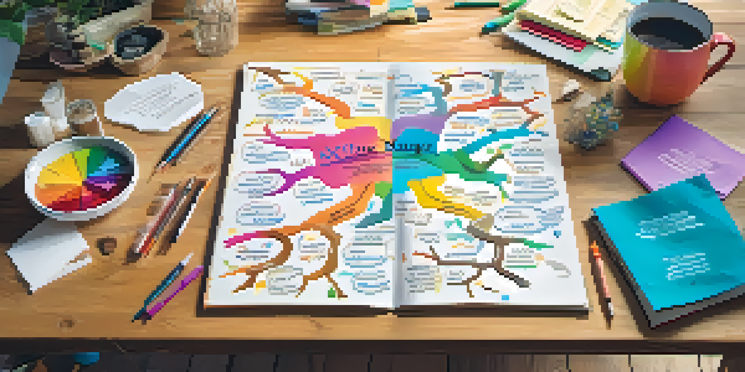 A colorful mind map displayed on a wooden desk, with various branches and keywords radiating from a central idea, illuminated by natural light.