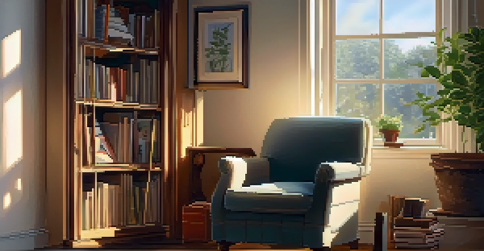 A serene home corner featuring an armchair, a table with tea, and an open journal, bathed in soft natural light.
