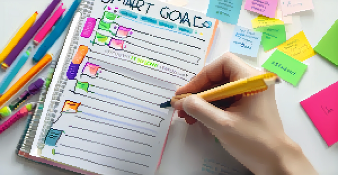 A close-up of a hand writing SMART goals in a planner, with colorful pens and sticky notes in a cozy setting.