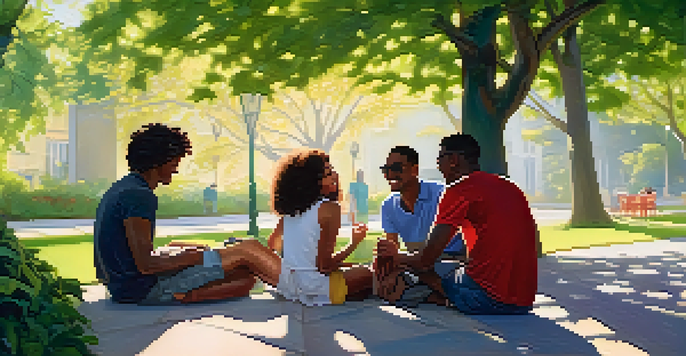 A diverse group of friends in a bright park, having a deep conversation and laughing together under sunlight filtering through trees.
