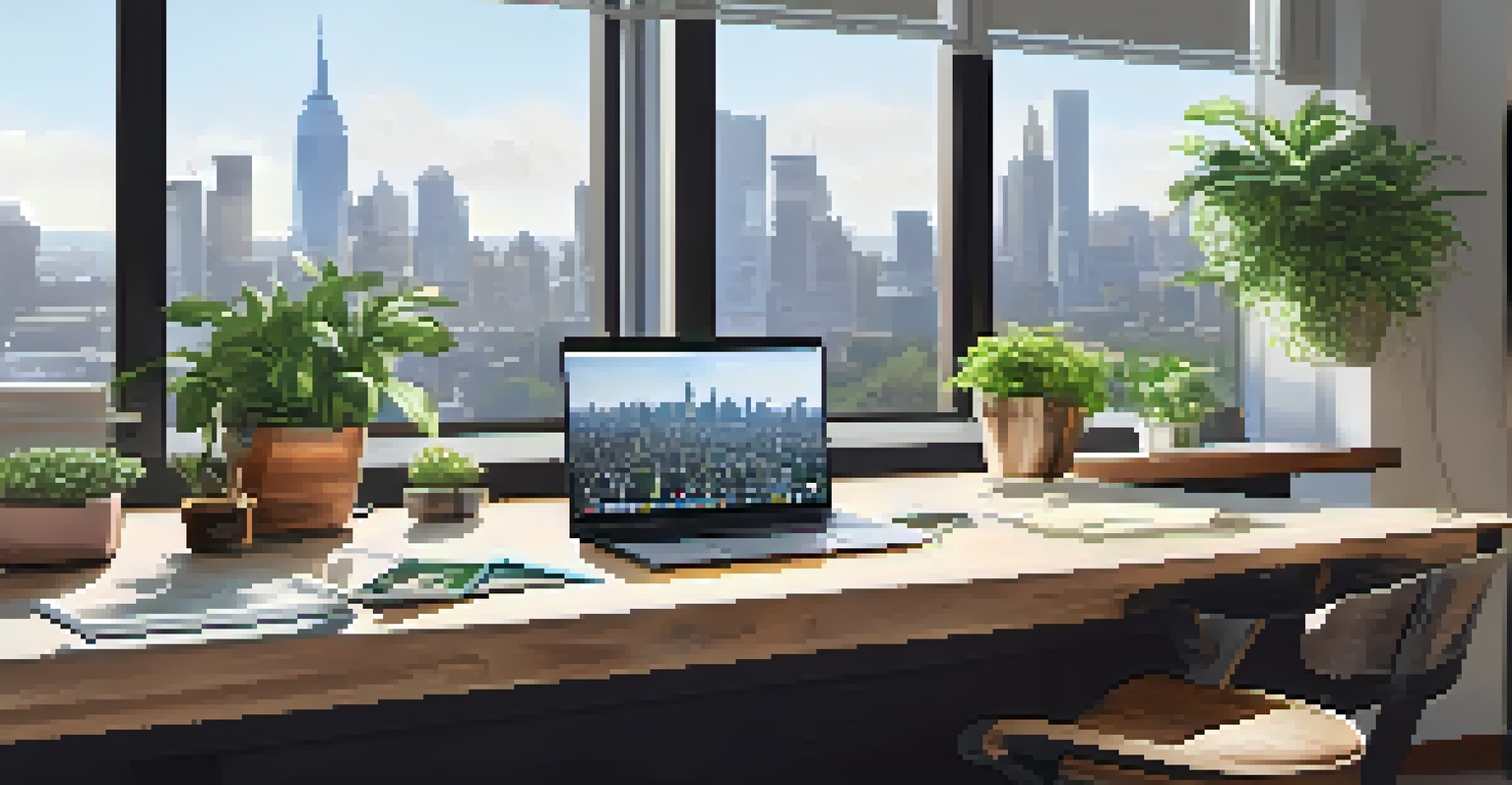 A bright workspace with a wooden desk, laptop, and a view of the city skyline through a large window.