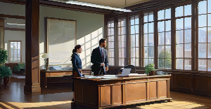 A confident individual in a professional office setting, discussing with a colleague, illuminated by natural light.