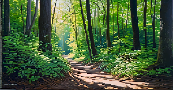 A peaceful forest scene with sunlight filtering through trees and a winding path.