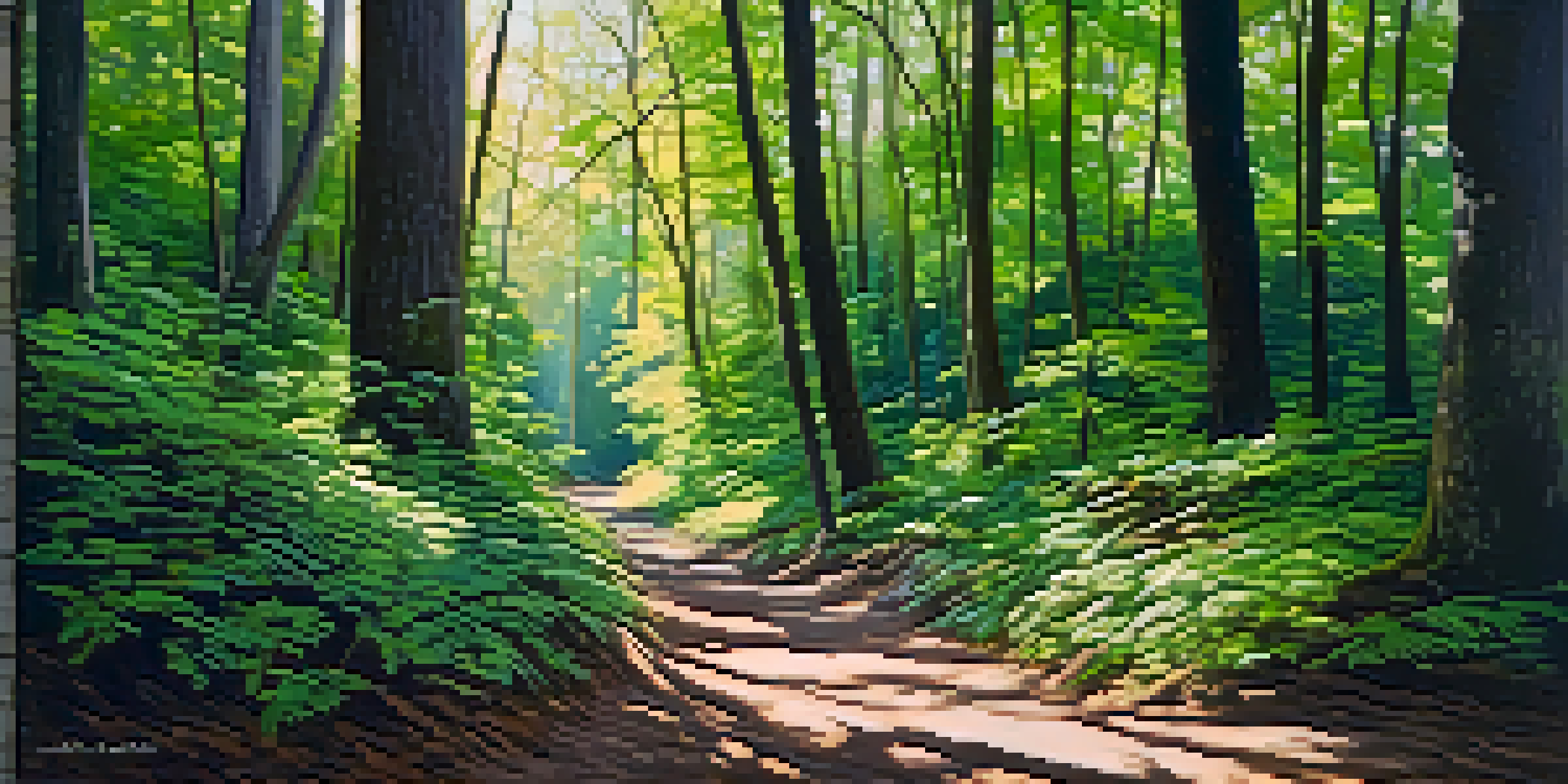 A peaceful forest scene with sunlight filtering through trees and a winding path.