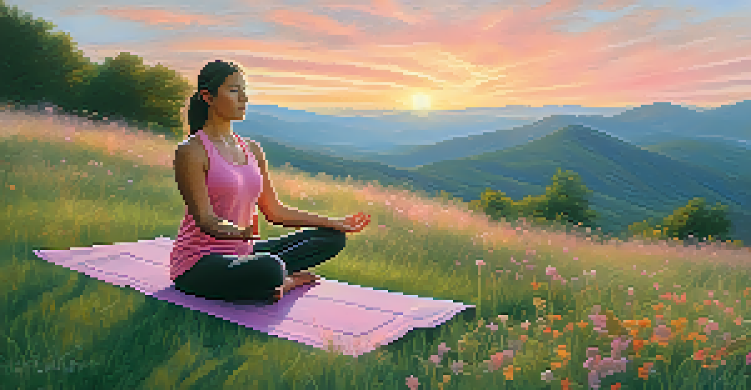 A person practicing yoga on a hillside at sunrise, surrounded by wildflowers and soft pastel colors in the sky, embodying tranquility.