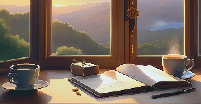 A warm and inviting desk with an open journal, coffee cup, and a sunset view through the window.