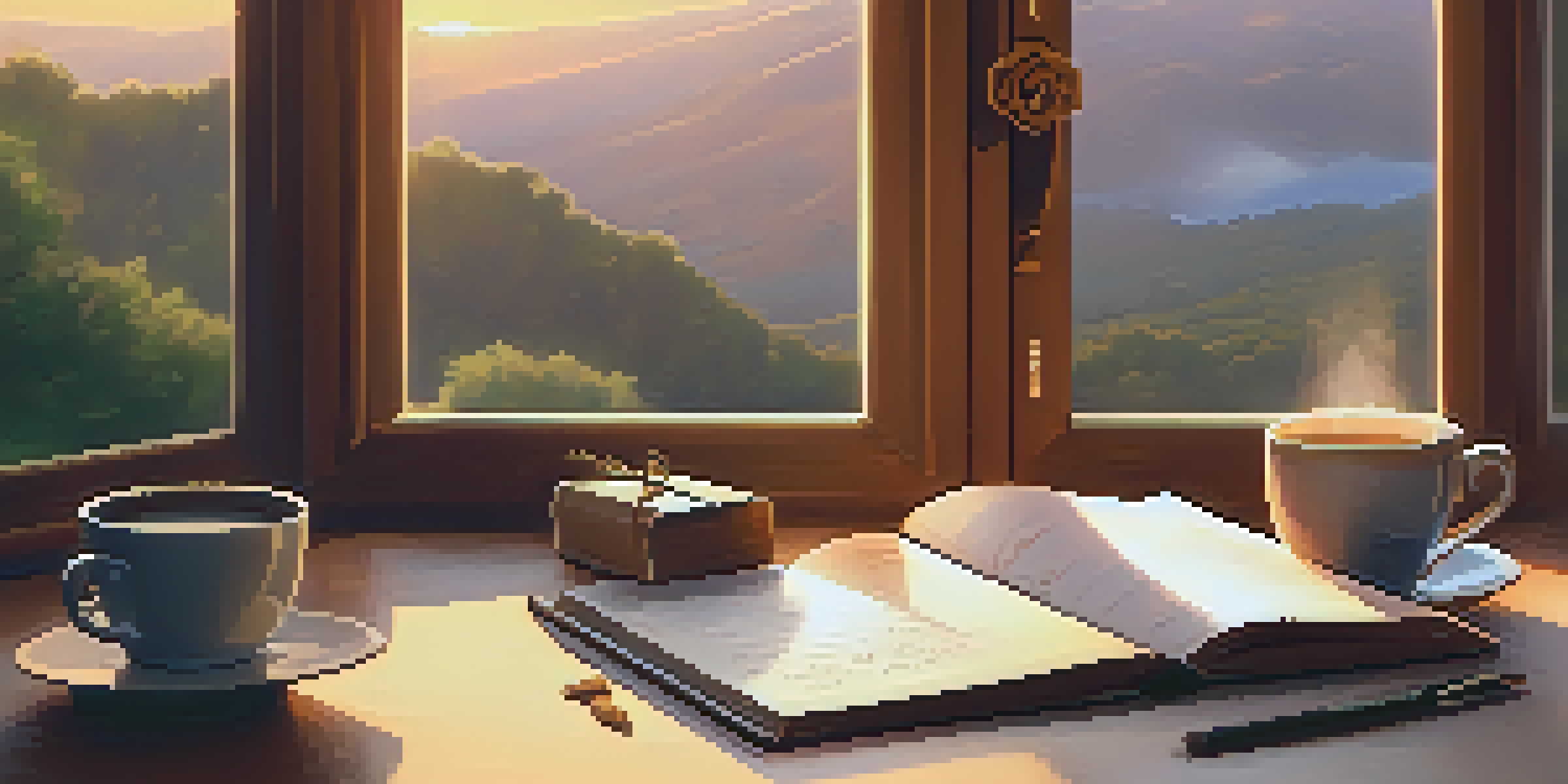 A warm and inviting desk with an open journal, coffee cup, and a sunset view through the window.