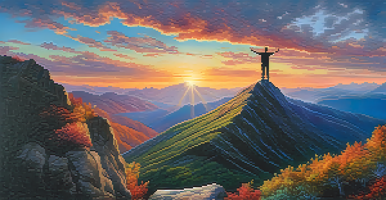 A person celebrating their achievement on a mountain peak at sunrise, representing motivation and personal growth.