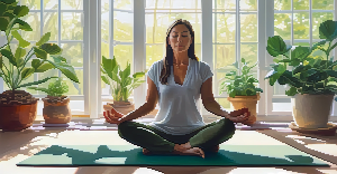 A middle-aged woman meditating on a yoga mat in a sunlit room filled with plants and soft cushions.