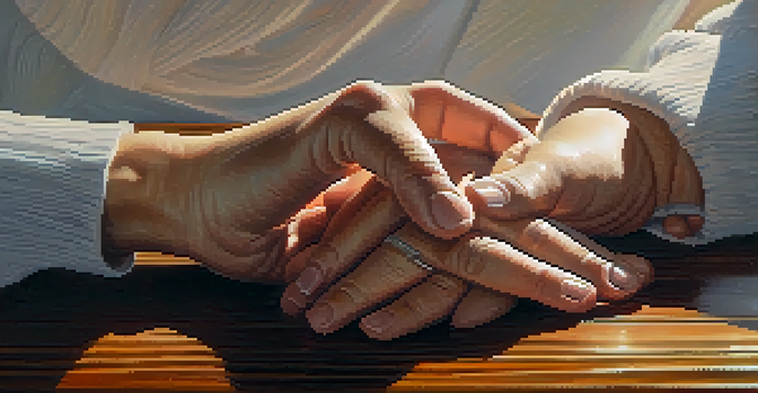 Two hands clasped together on a wooden table, symbolizing support and connection.