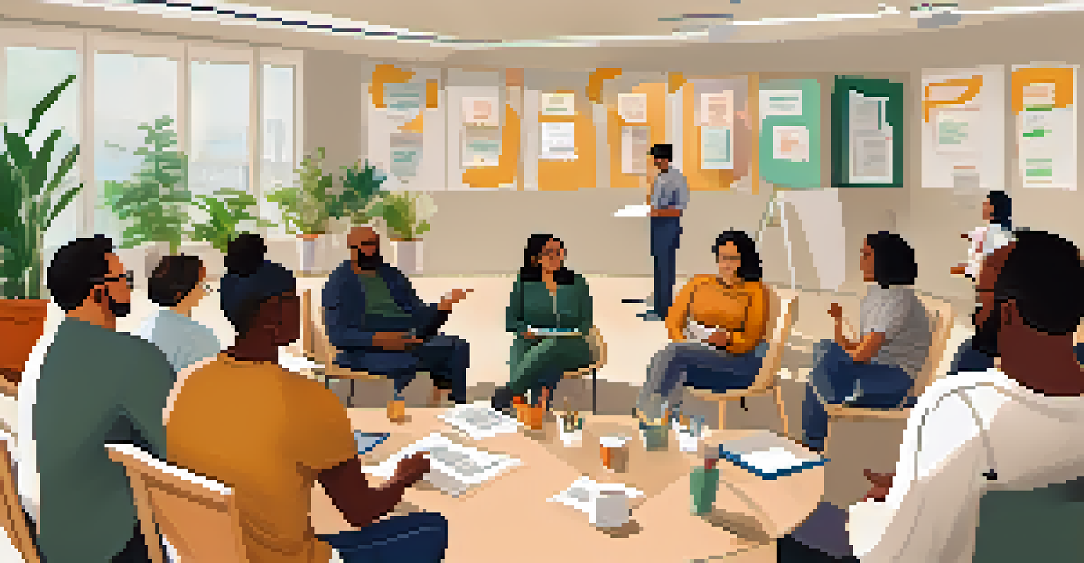 A diverse group of individuals engaged in a CBT workshop, sitting in a circle and taking notes in a bright room.