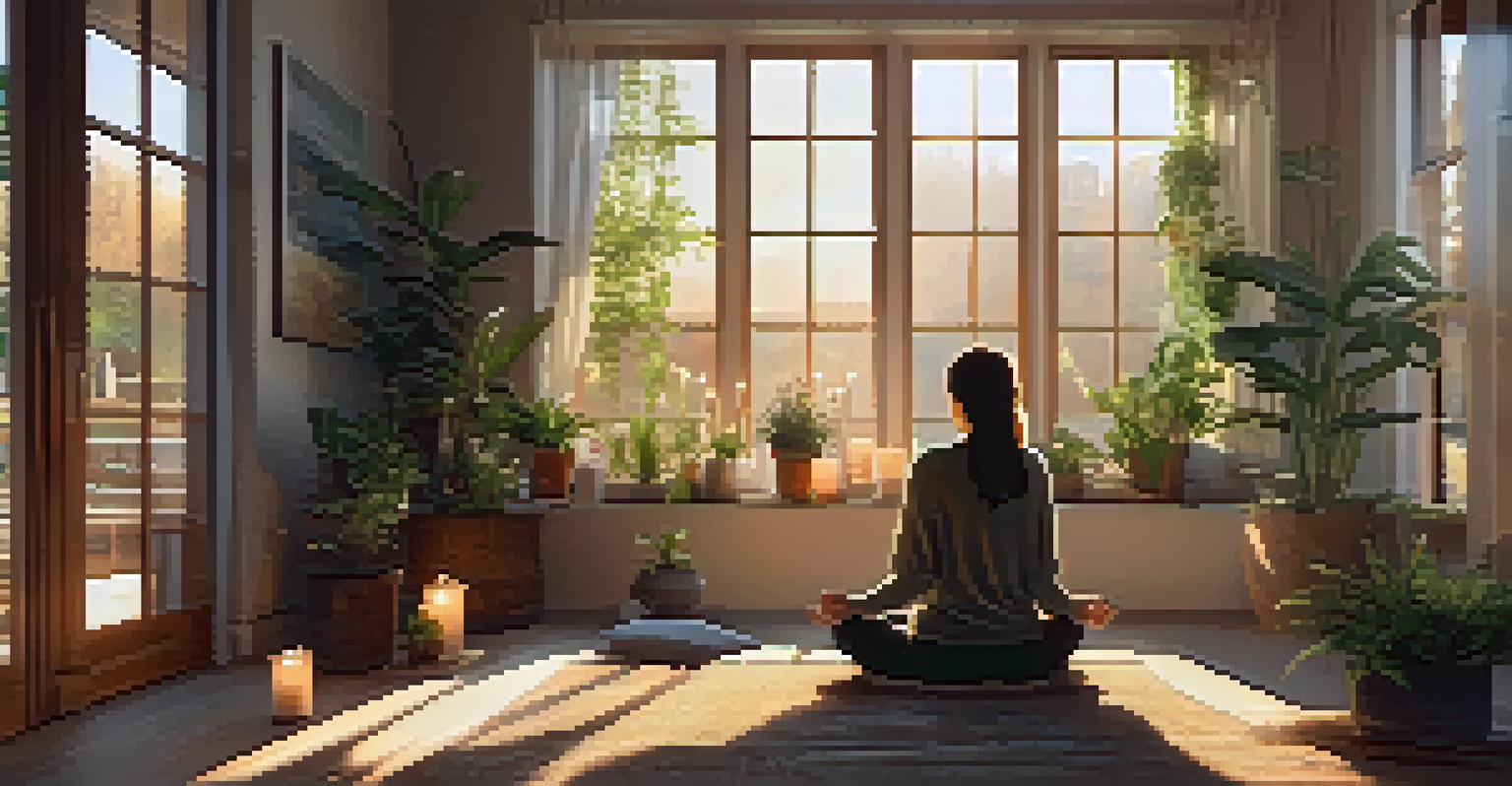 A person practicing mindfulness in a cozy room filled with plants and candles, with sunlight streaming in.