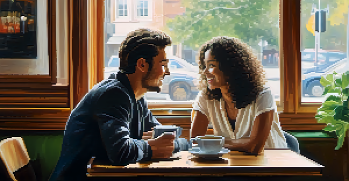 Two people having a warm conversation in a coffee shop, one leaning in with a smile, the other animatedly speaking.