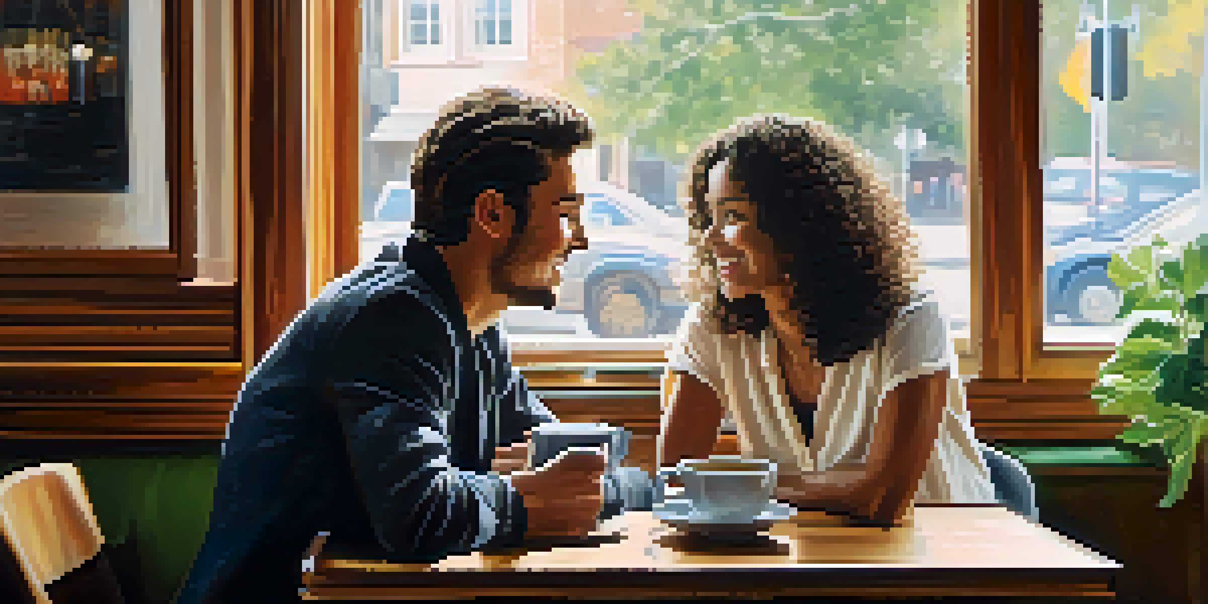 Two people having a warm conversation in a coffee shop, one leaning in with a smile, the other animatedly speaking.