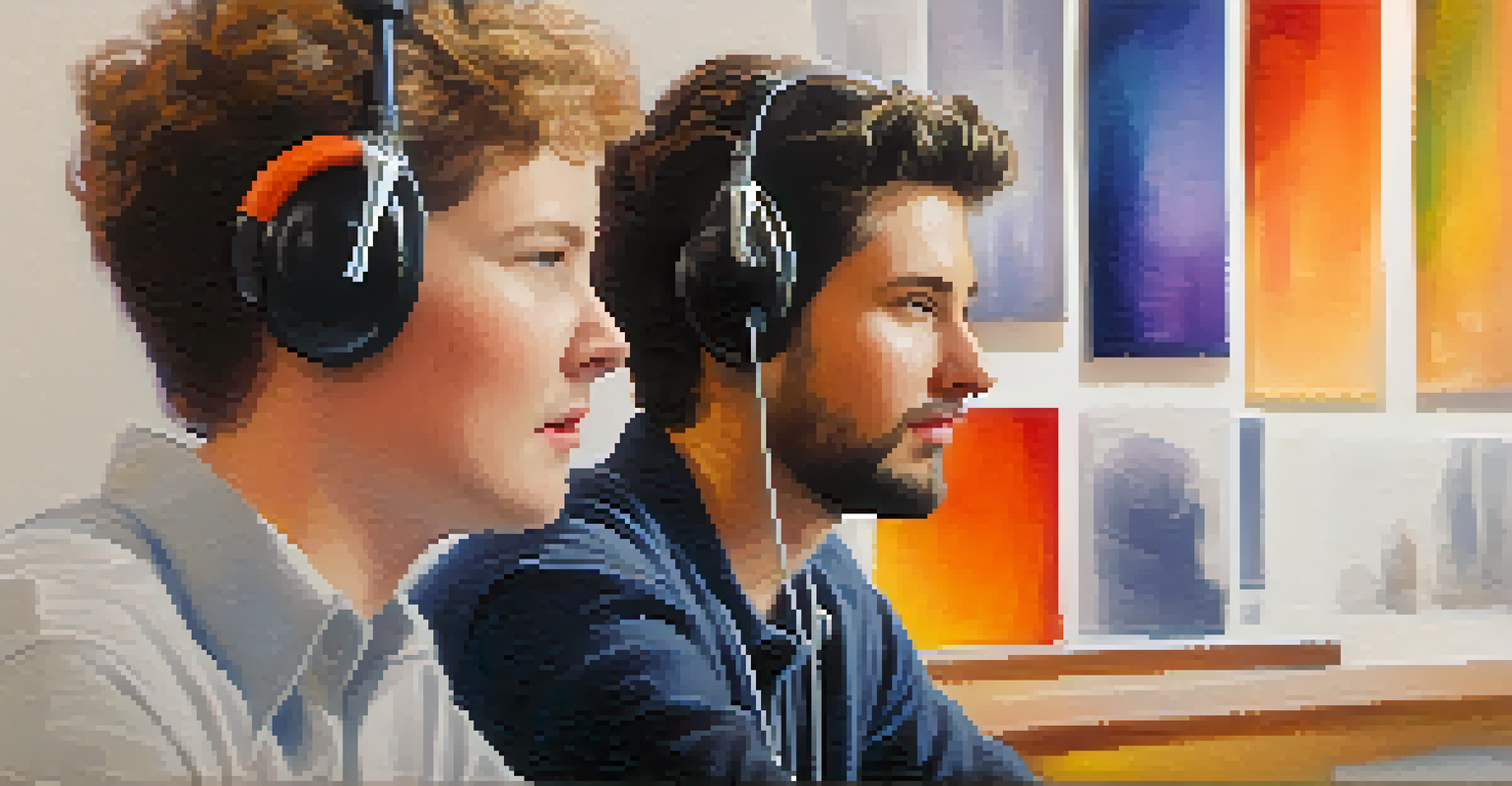 Two team members in a feedback session, one speaking while the other listens attentively, with a warm background that emphasizes their connection.