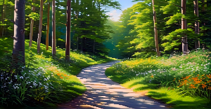 A winding path in a lush green forest with sunlight filtering through the trees and vibrant wildflowers along the way.