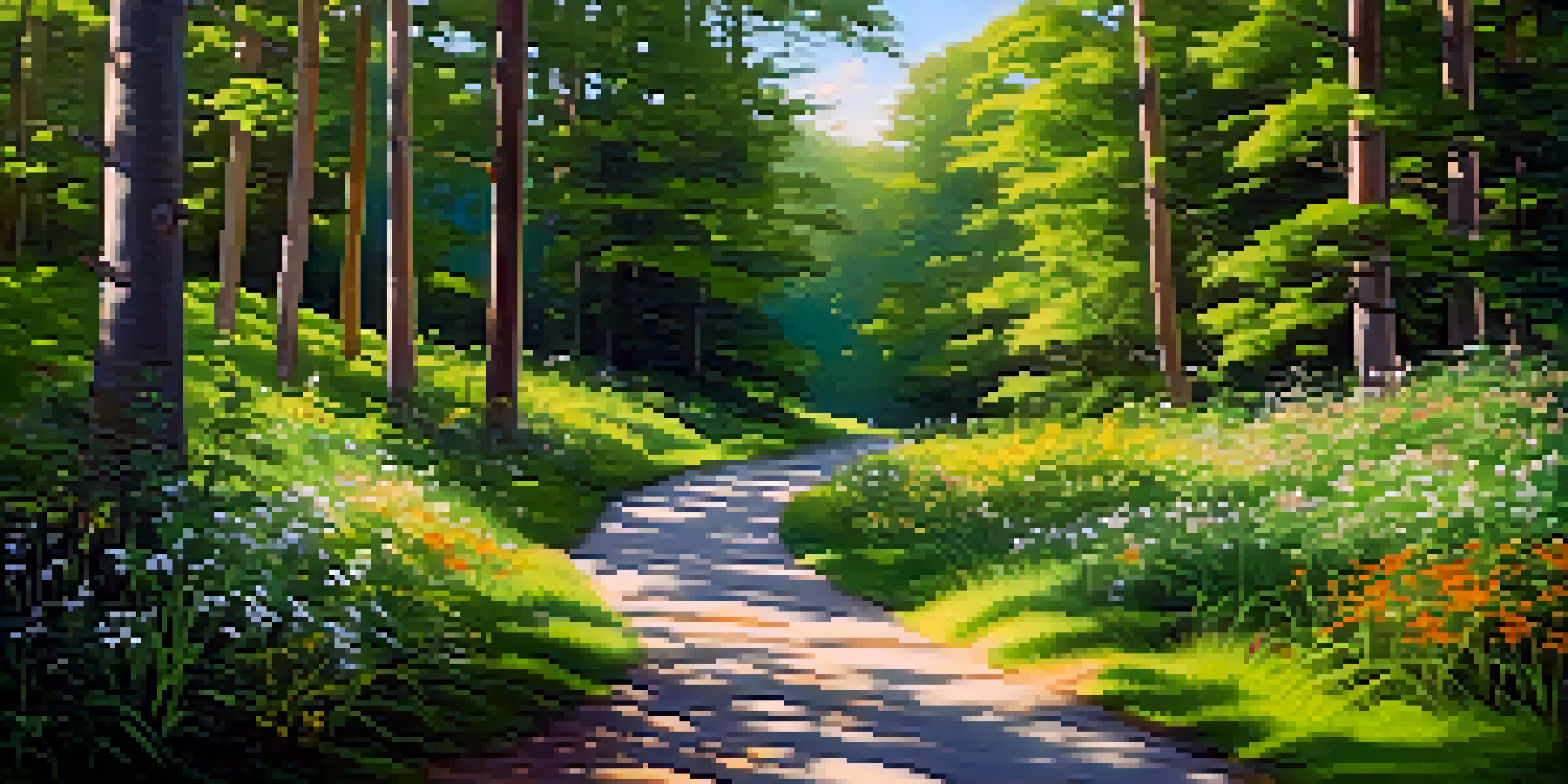 A winding path in a lush green forest with sunlight filtering through the trees and vibrant wildflowers along the way.