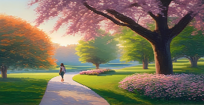 A person walking along a winding path in a park during sunrise, surrounded by blooming flowers and trees.