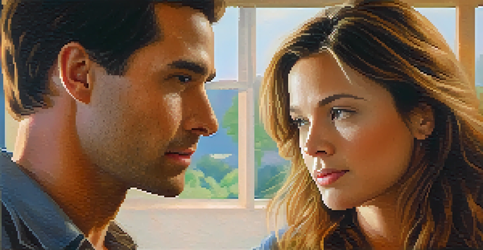 Two people engaged in a conversation, one listening attentively while the other speaks, with warm colors and soft lighting.