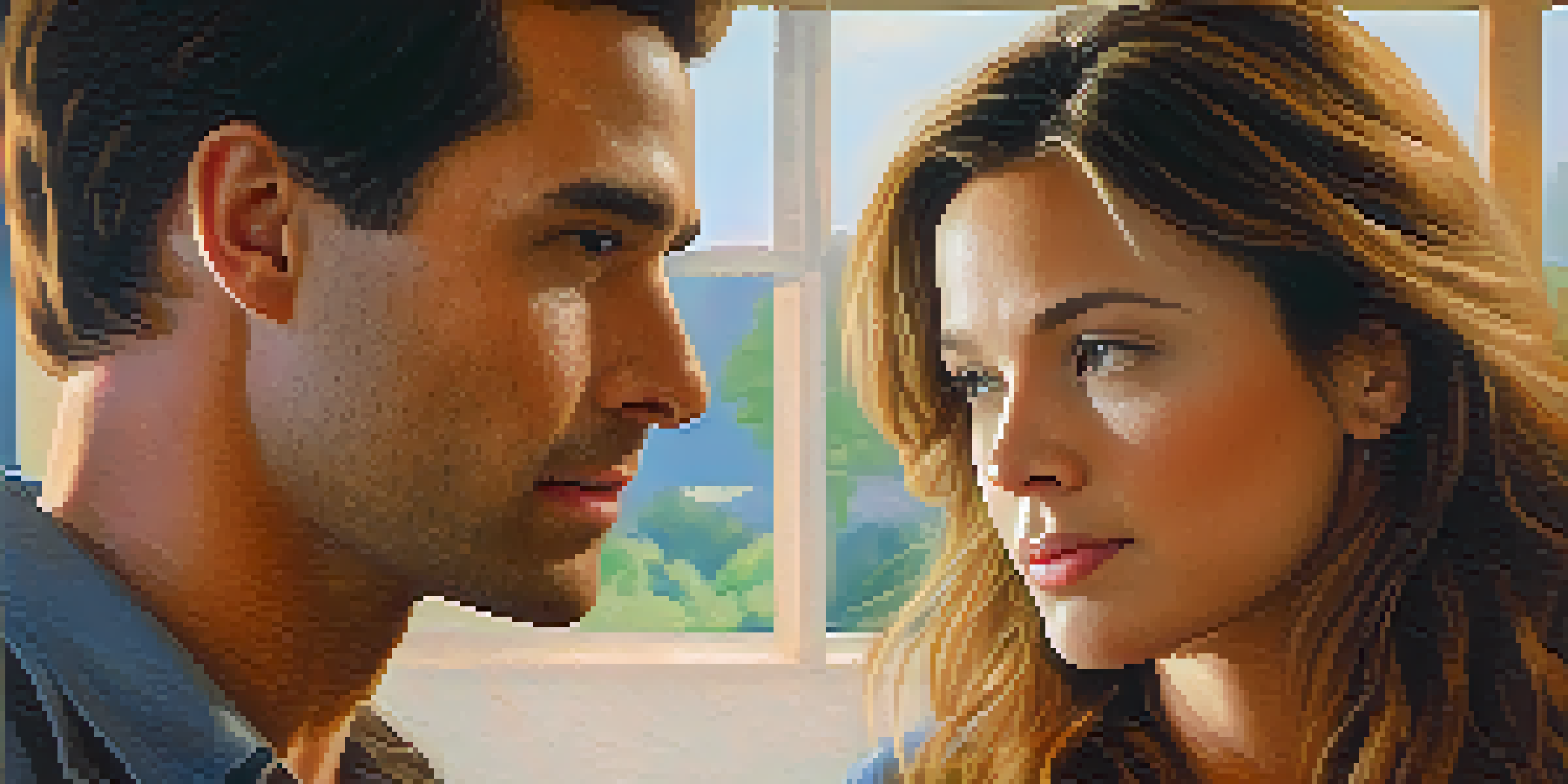 Two people engaged in a conversation, one listening attentively while the other speaks, with warm colors and soft lighting.