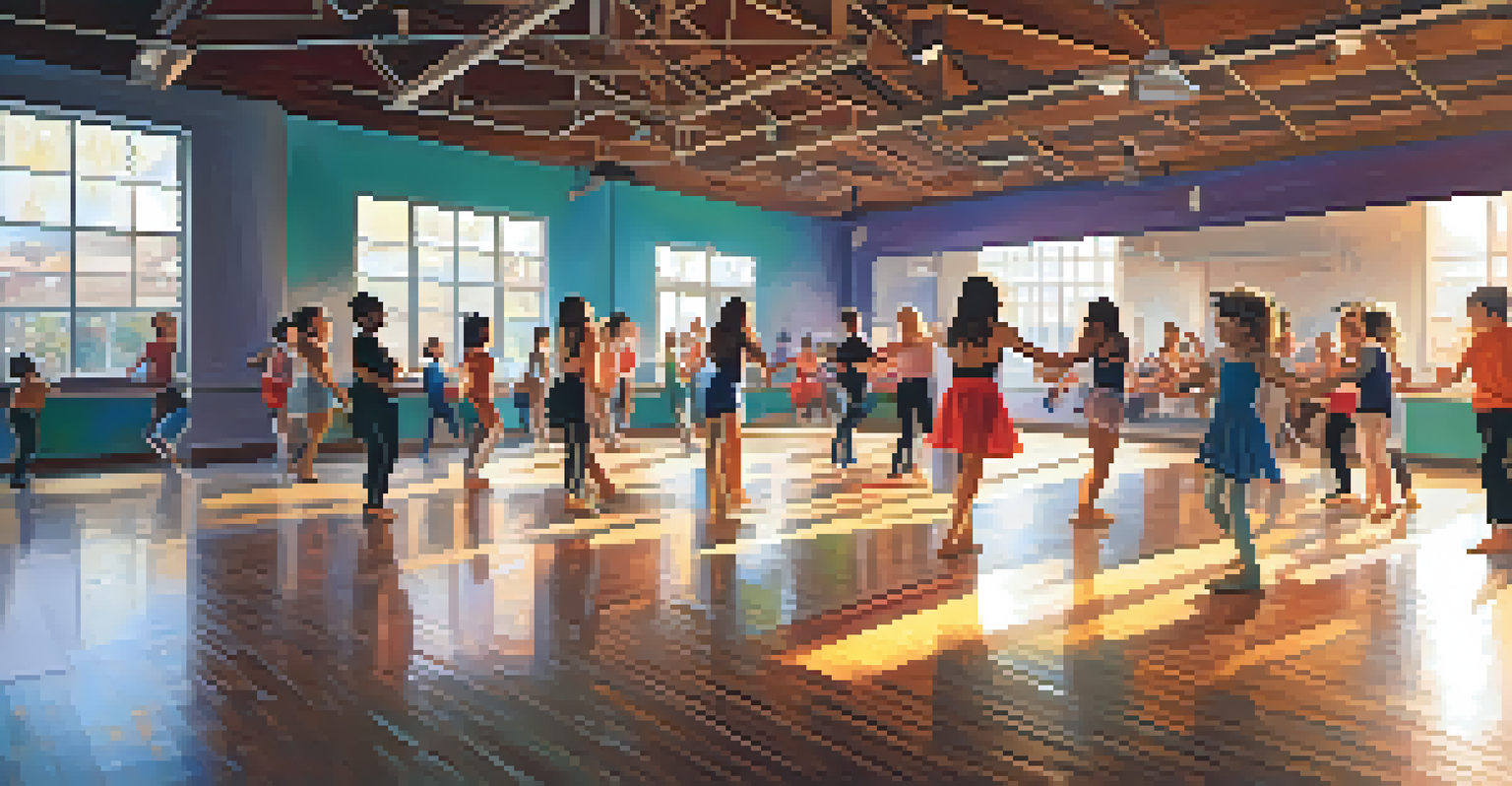 Individuals of different ages dancing joyfully in a bright dance studio.