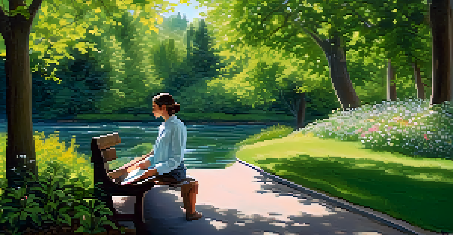 A person journaling on a park bench surrounded by flowers and greenery, with sunlight filtering through the trees.
