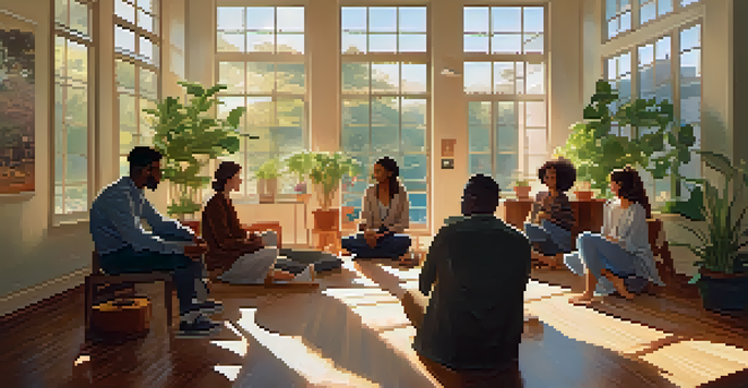 A group of diverse individuals sitting in a circle, engaged in a coaching session with soft sunlight streaming through the windows.