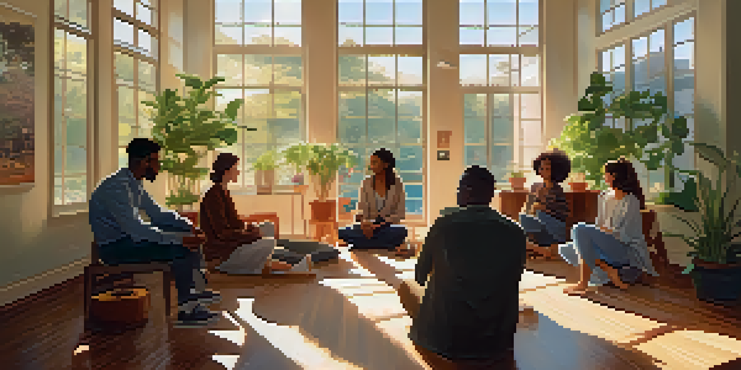 A group of diverse individuals sitting in a circle, engaged in a coaching session with soft sunlight streaming through the windows.