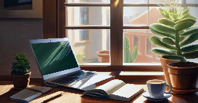 A peaceful workspace with a wooden desk, laptop, succulent plant, open journal, and cup of coffee, illuminated by sunlight from a window.