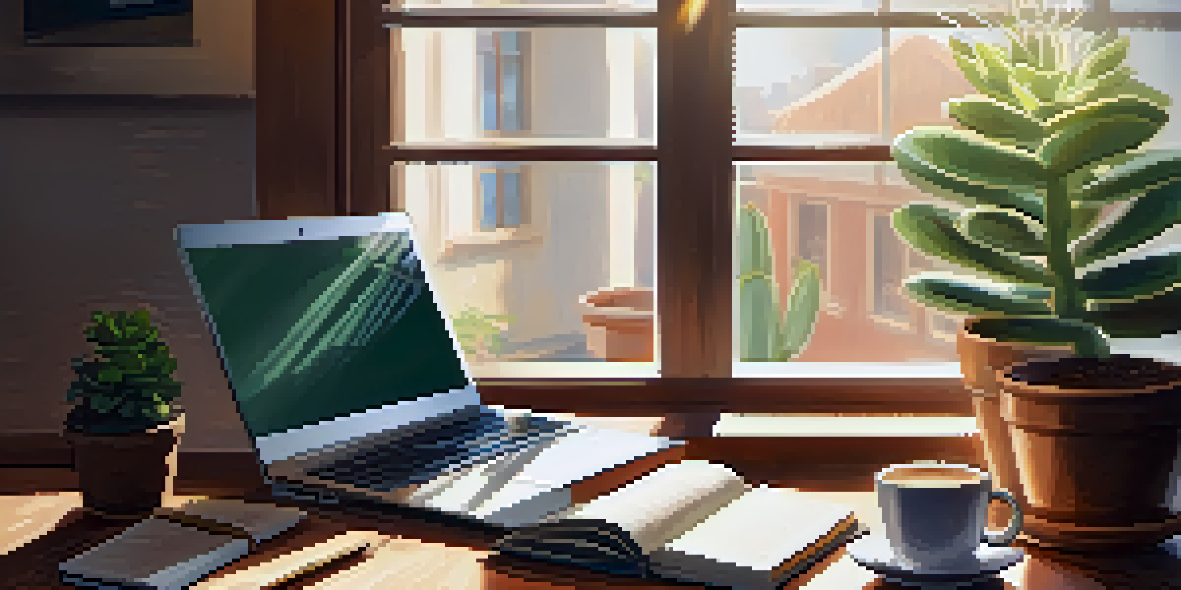 A peaceful workspace with a wooden desk, laptop, succulent plant, open journal, and cup of coffee, illuminated by sunlight from a window.