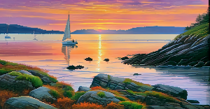 A peaceful sunset over a calm sea with a sailboat, vibrant sky colors, rocky shore, and seagulls.