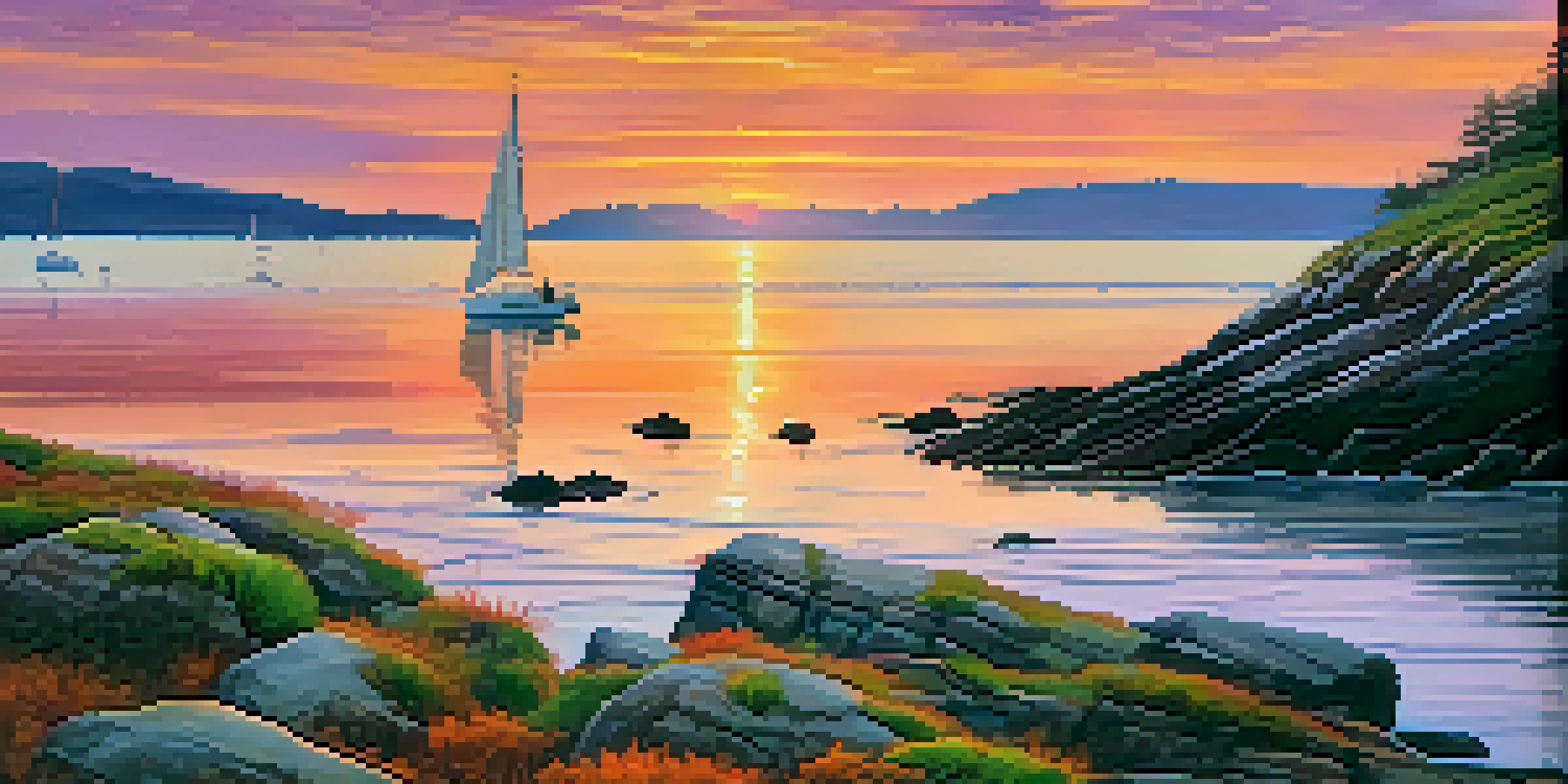 A peaceful sunset over a calm sea with a sailboat, vibrant sky colors, rocky shore, and seagulls.
