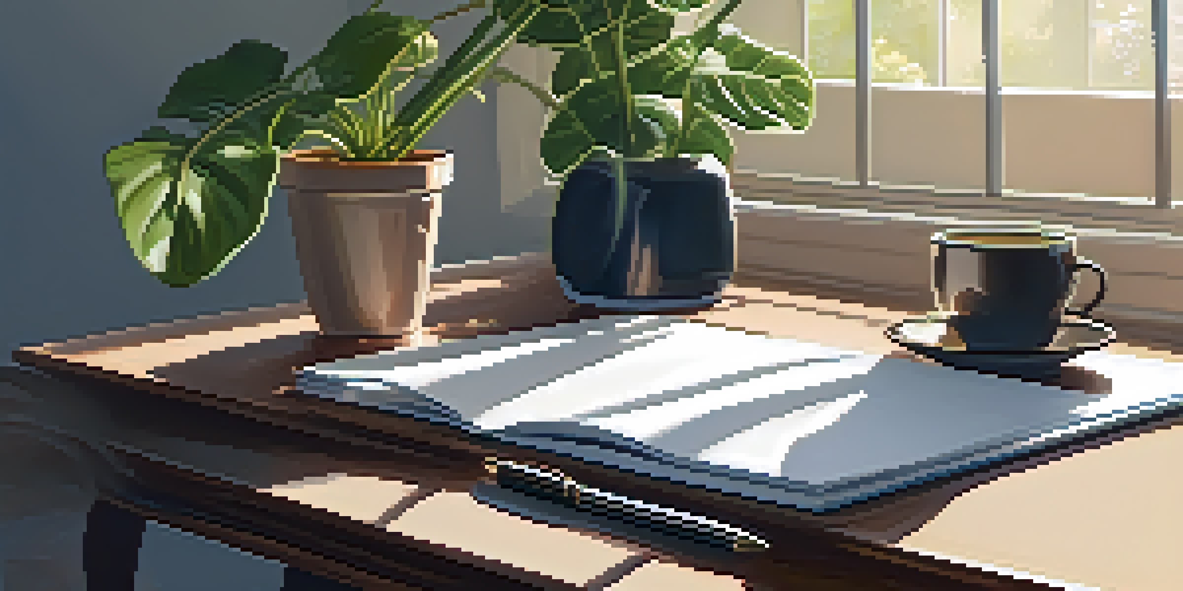 A cozy office environment featuring a wooden desk with an open notepad, a pen, indoor plants, and a steaming cup of coffee, illuminated by warm sunlight.