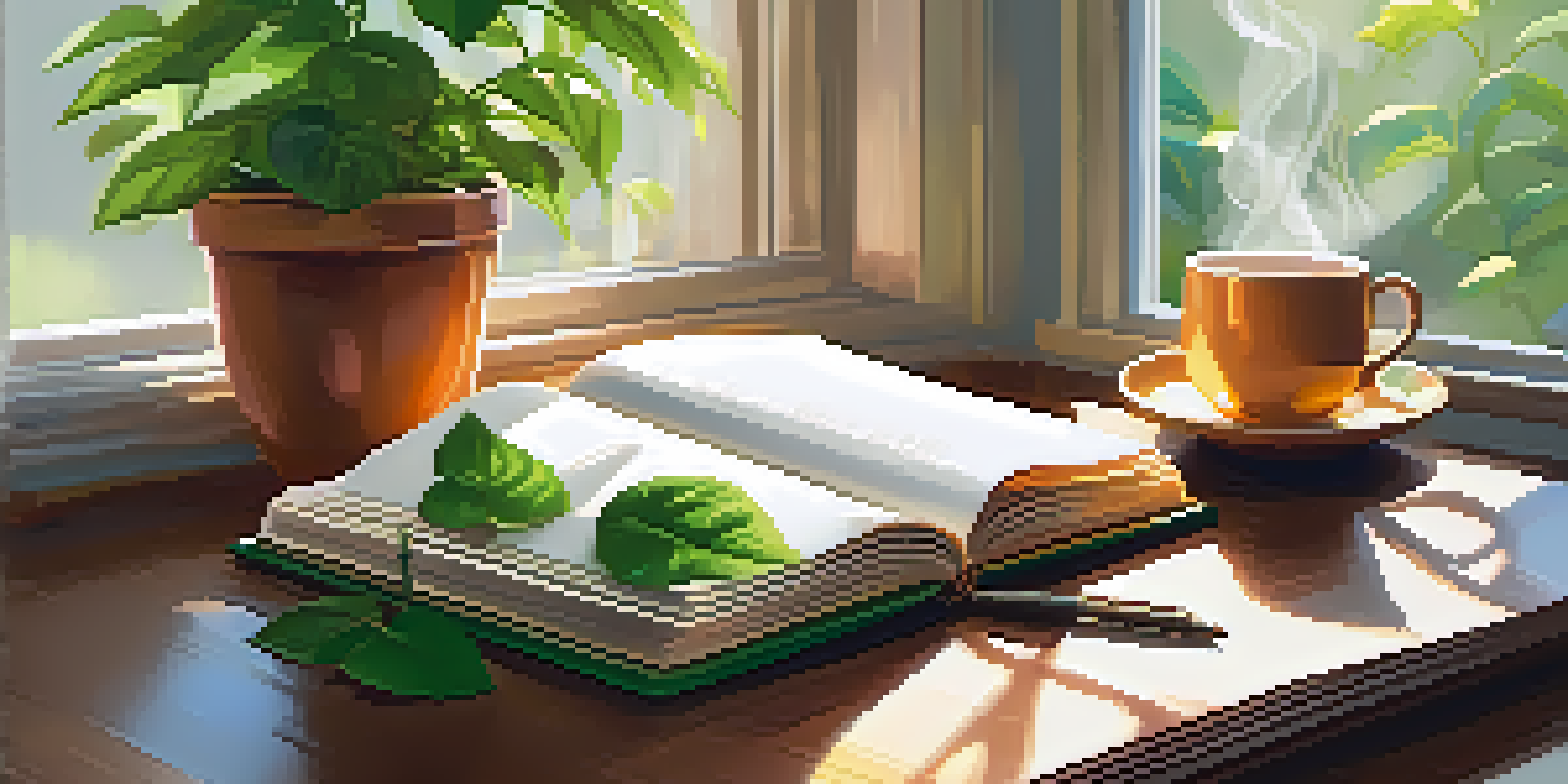 A peaceful workspace featuring an open journal, a cup of tea, and a potted plant under soft sunlight.