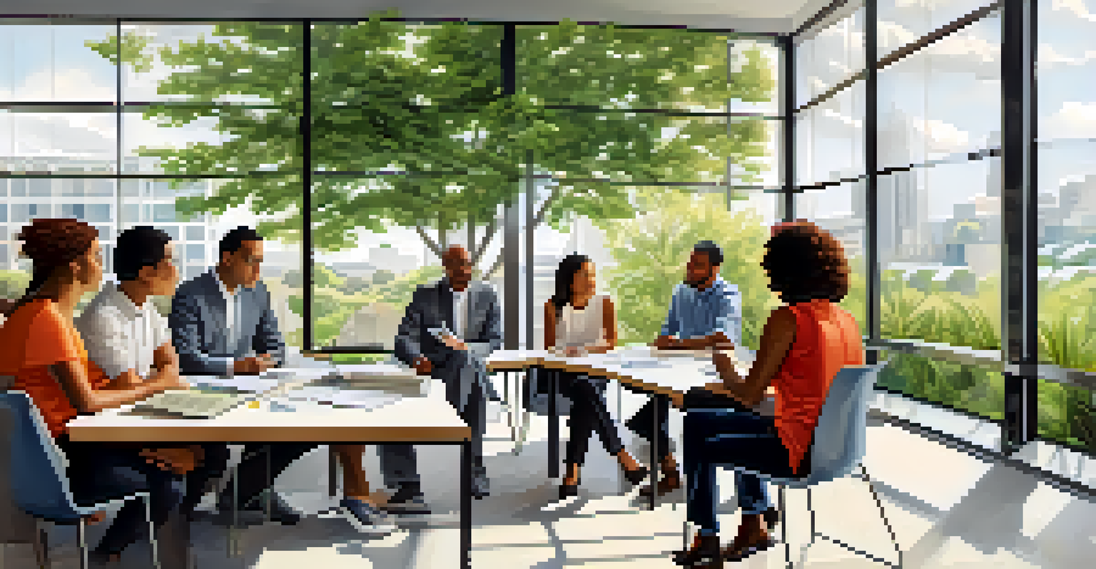 A group of diverse individuals in a modern office discussing and sharing feedback.