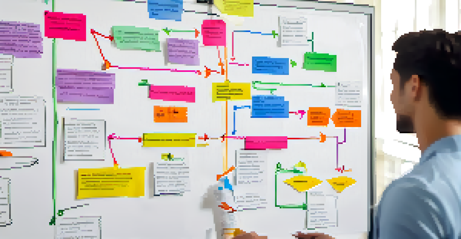 A flowchart on a whiteboard outlining goal-setting processes, with colorful markers and sticky notes, and a person engaged in planning.