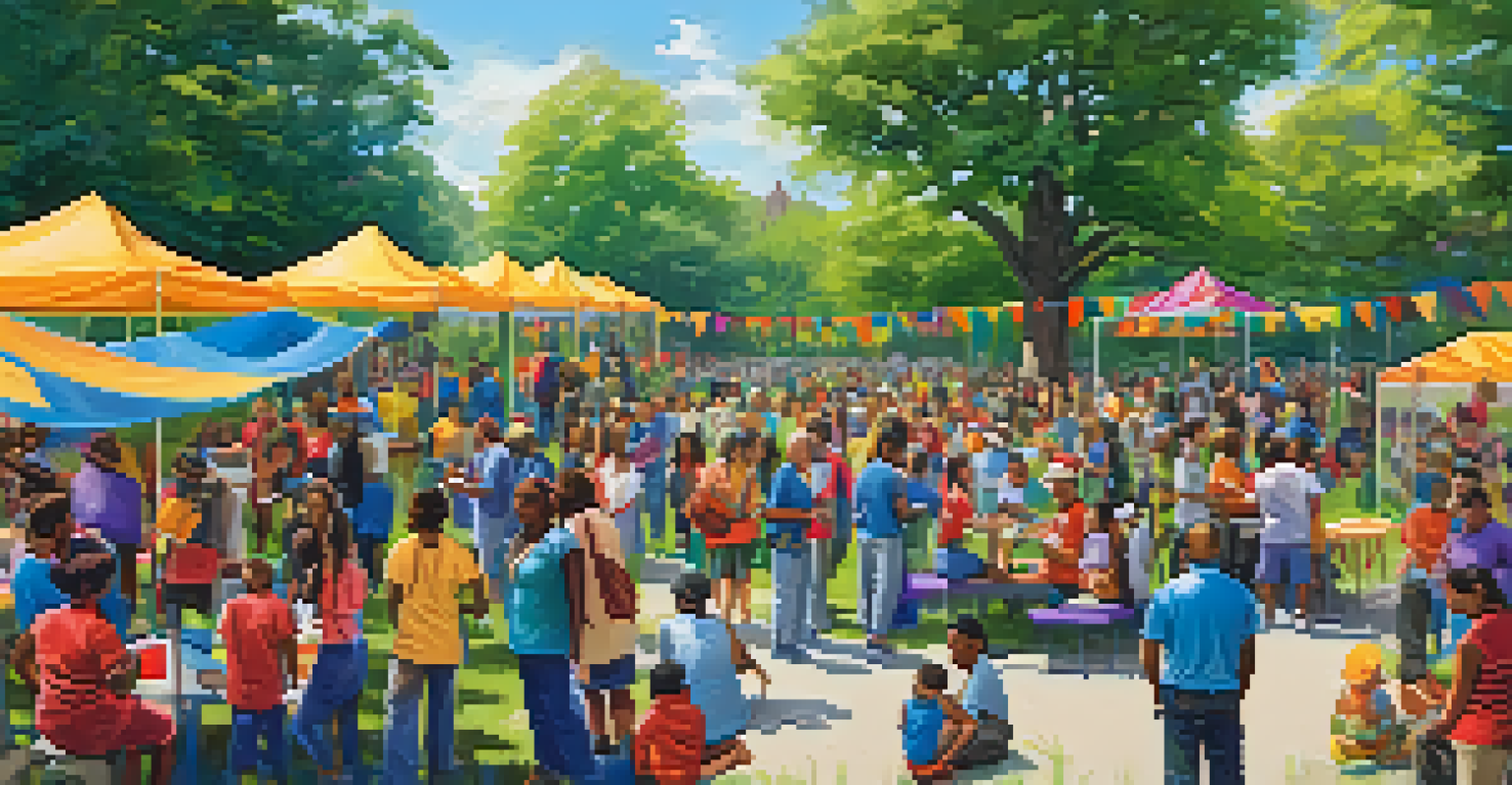 A lively community gathering in a park with people of all ages participating in activities promoting accountability and integrity.