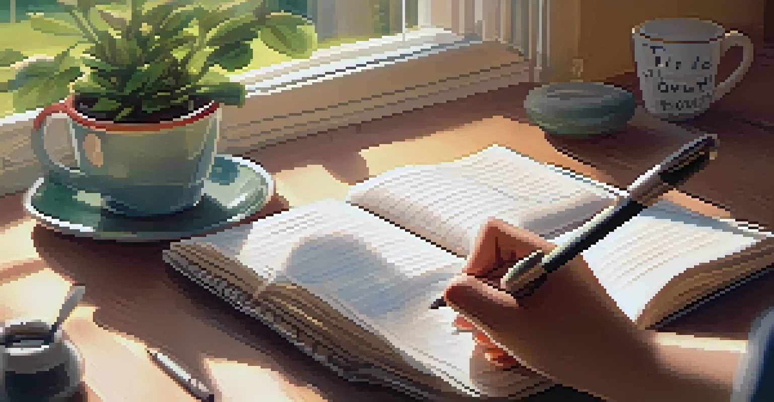 A person writing core values in a notebook with a cup of tea beside them, in a cozy, warmly lit setting with a view of a peaceful garden.