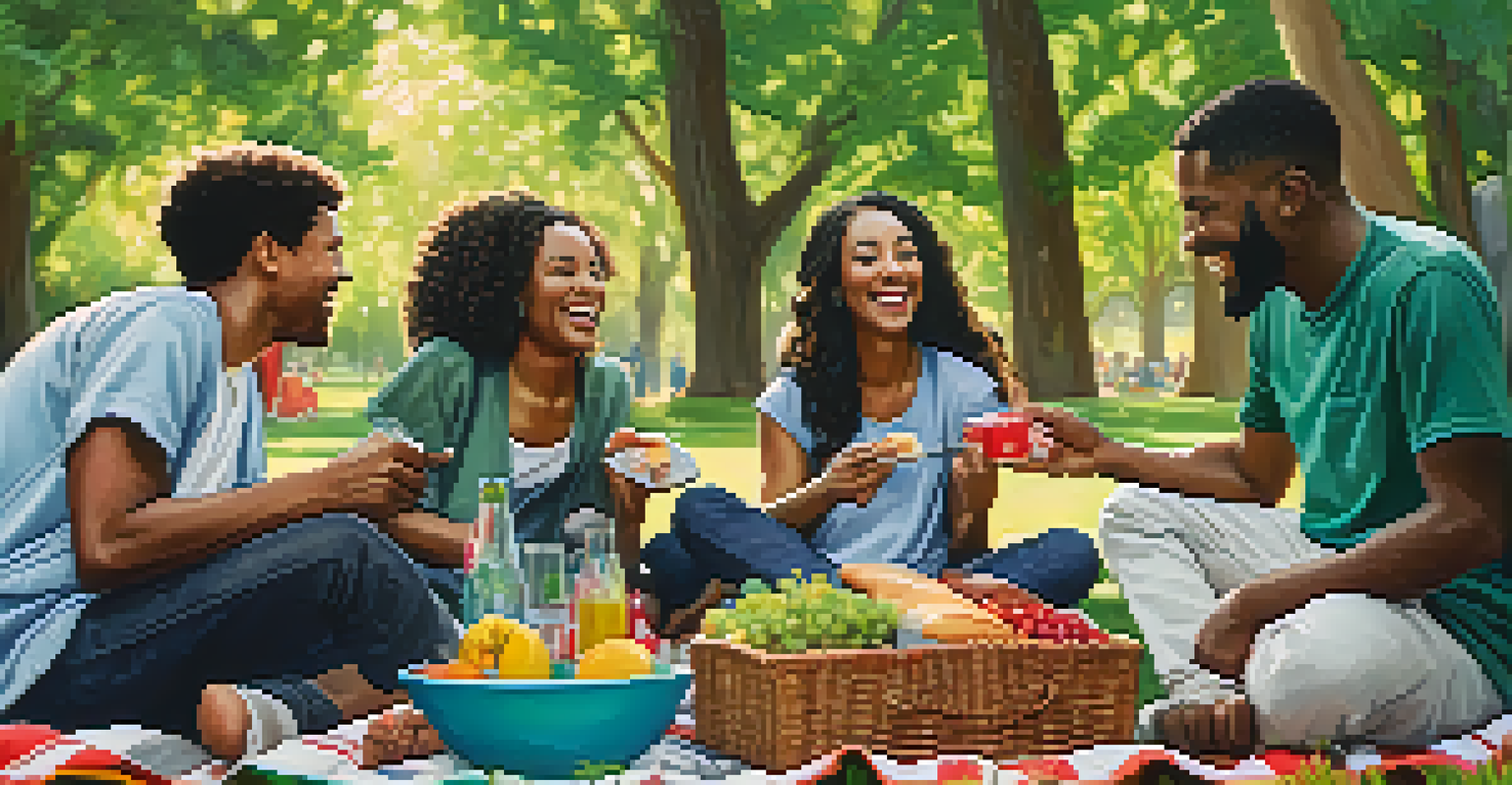 A diverse group of friends having a joyful picnic in a sunny park.