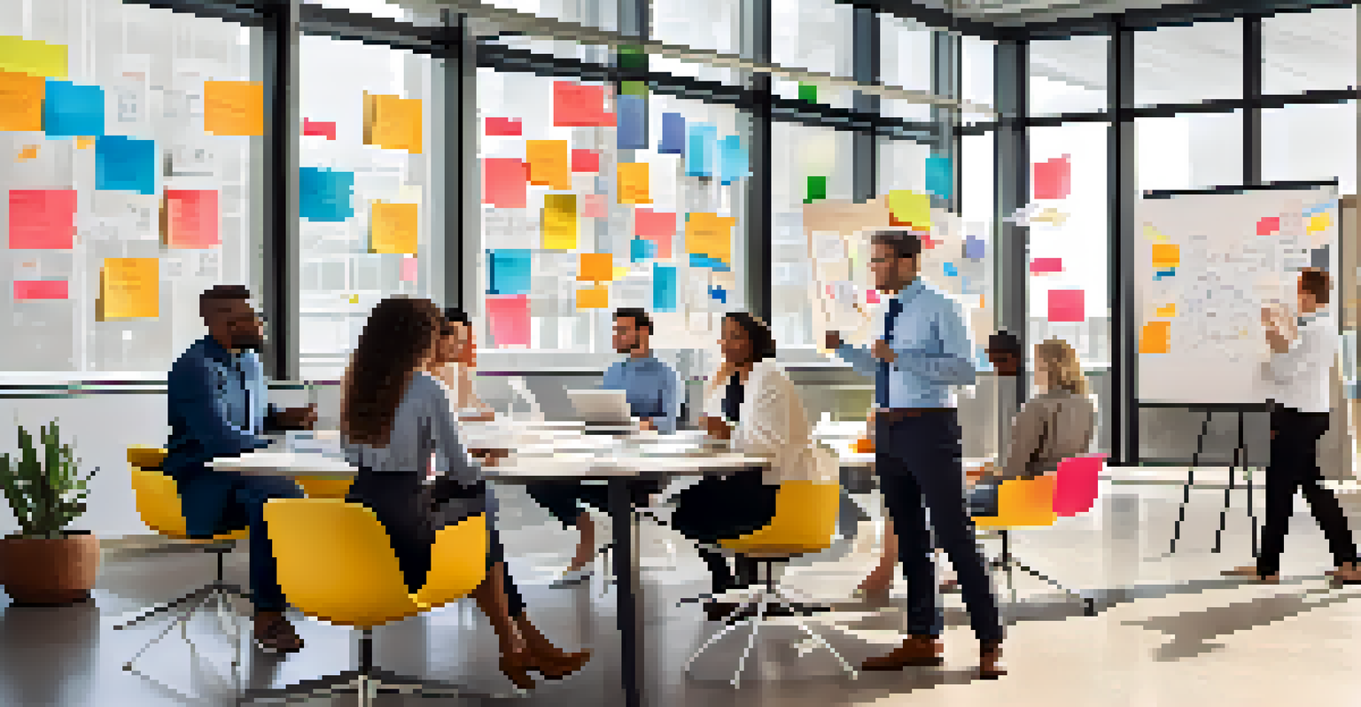 A diverse team of professionals brainstorming in a bright modern office with whiteboards and sticky notes.