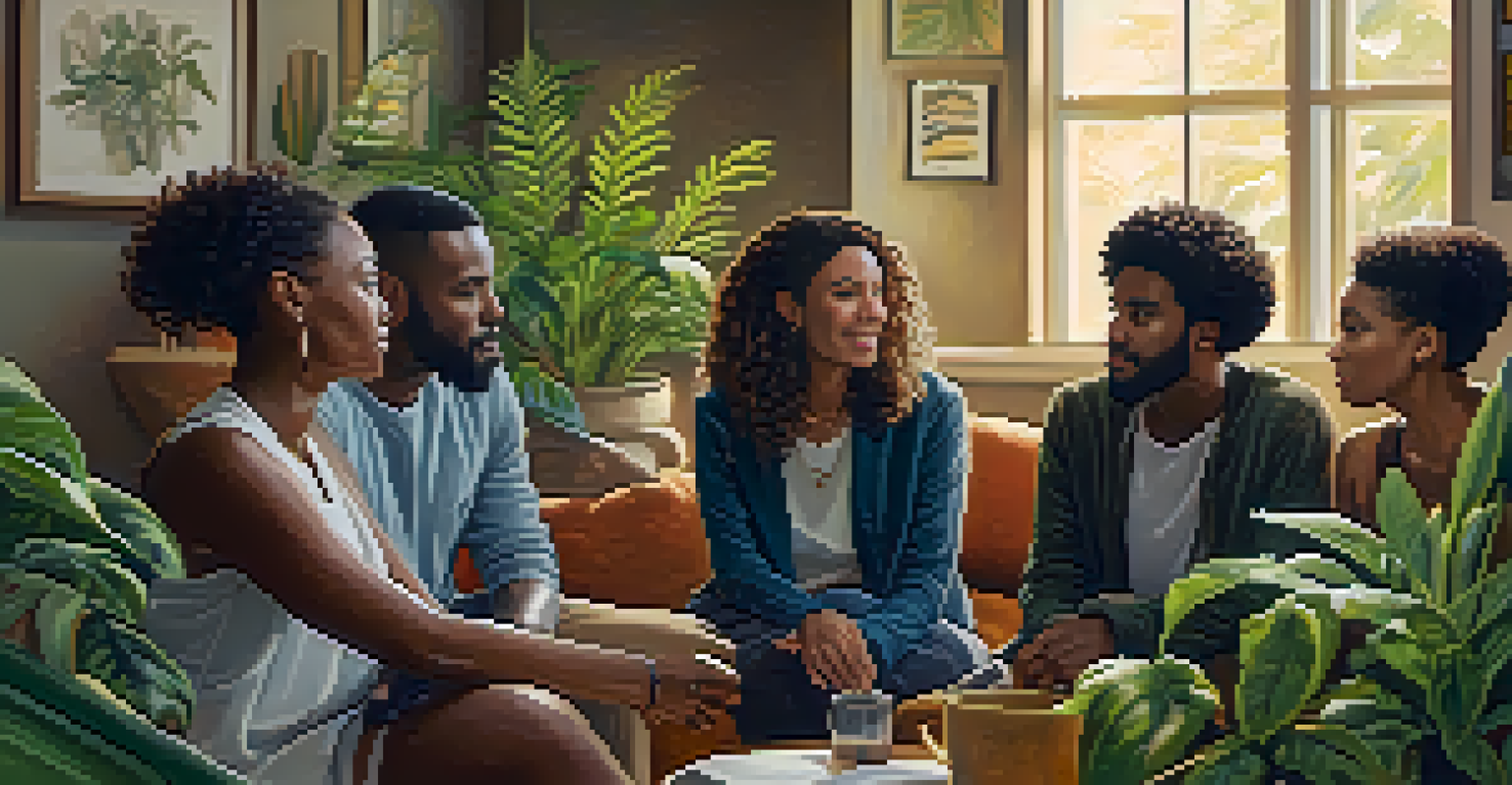 A diverse group of individuals in a cozy setting, focused on listening to each other, illustrating emotional intelligence.