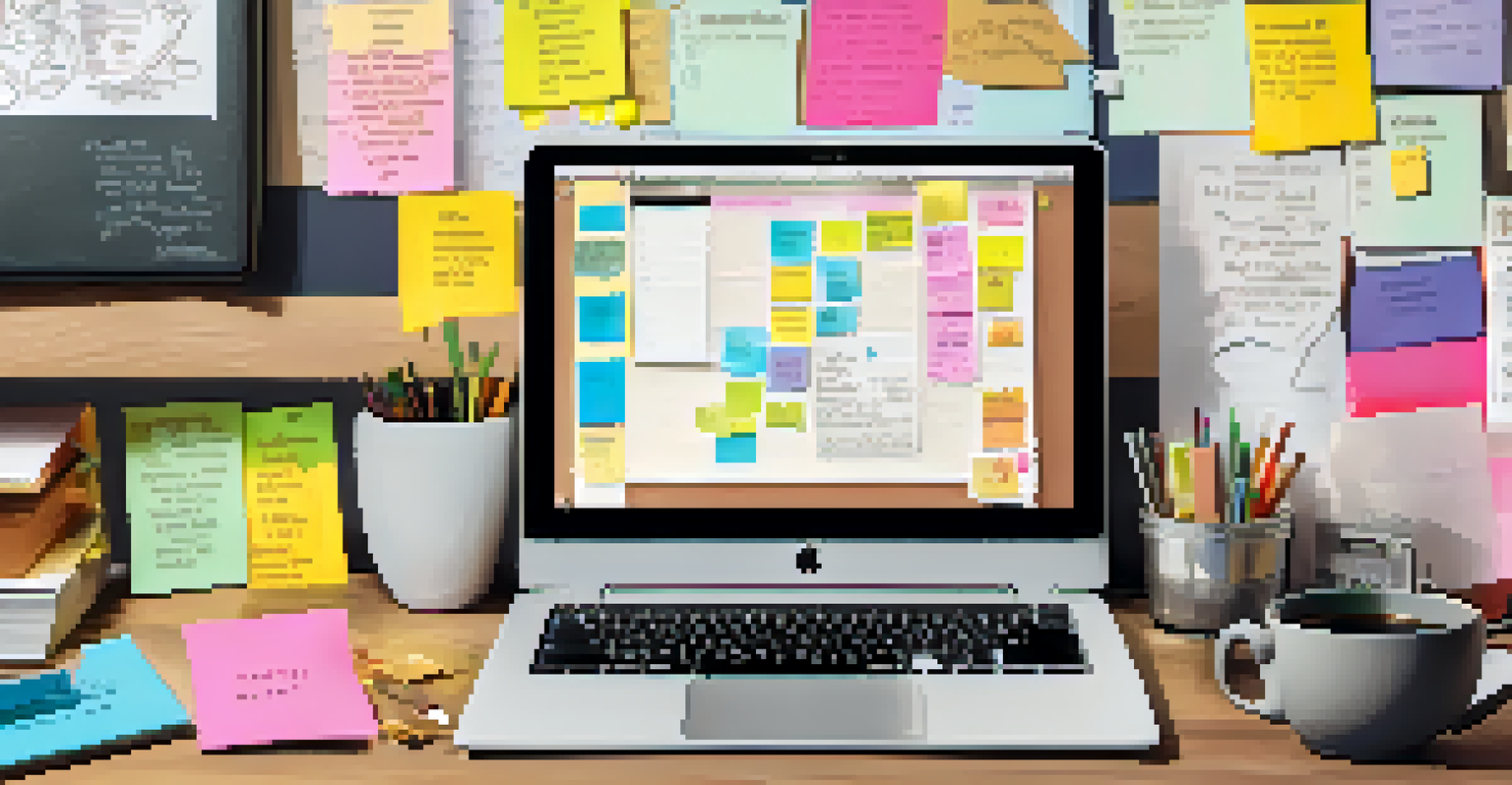 A vibrant workspace filled with sticky notes, a laptop, and a vision board, evoking creativity and motivation.