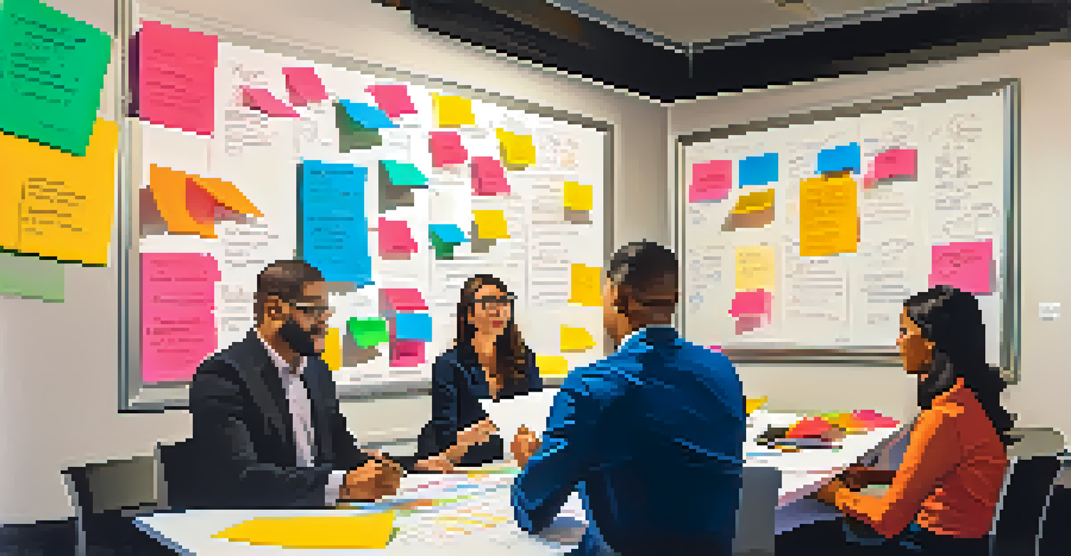 A life coach and client collaborating on an action plan with sticky notes and a whiteboard.