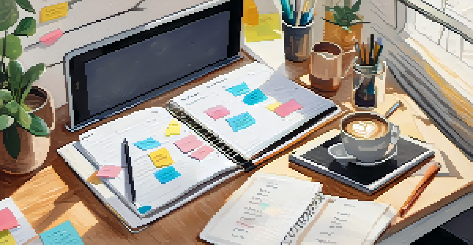 A workspace with an open planner showing SMART goals, colorful sticky notes, a coffee cup, and a laptop in natural light.