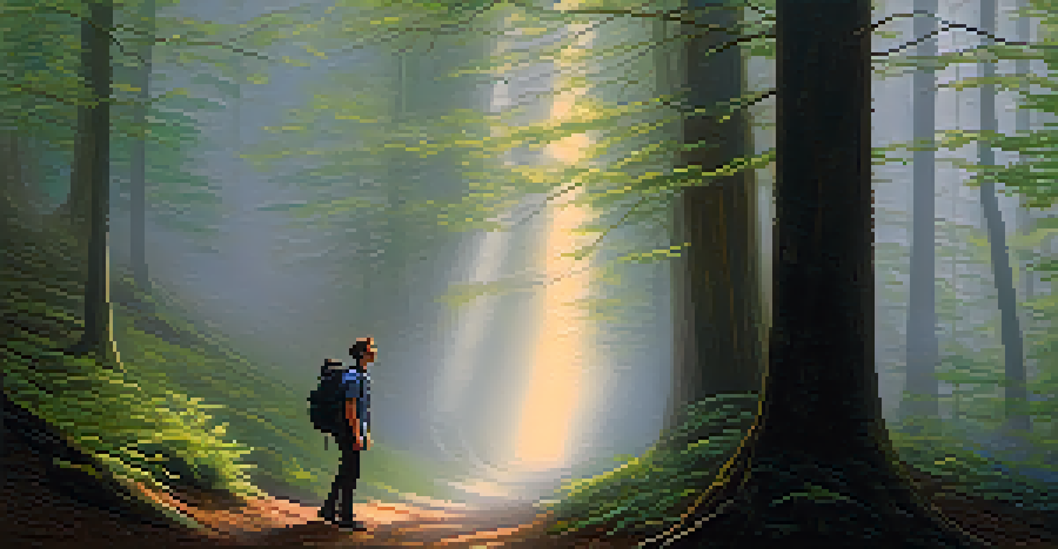 An individual at a fork in a forest path, contemplating which way to go, with one path illuminated and the other in mist.