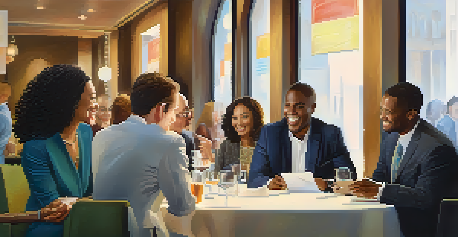 A diverse group of professionals networking at an event, exchanging business cards and smiling.