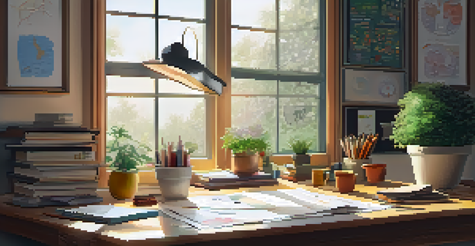 A cozy workspace with a colorful life map on a wooden desk, illuminated by natural light.