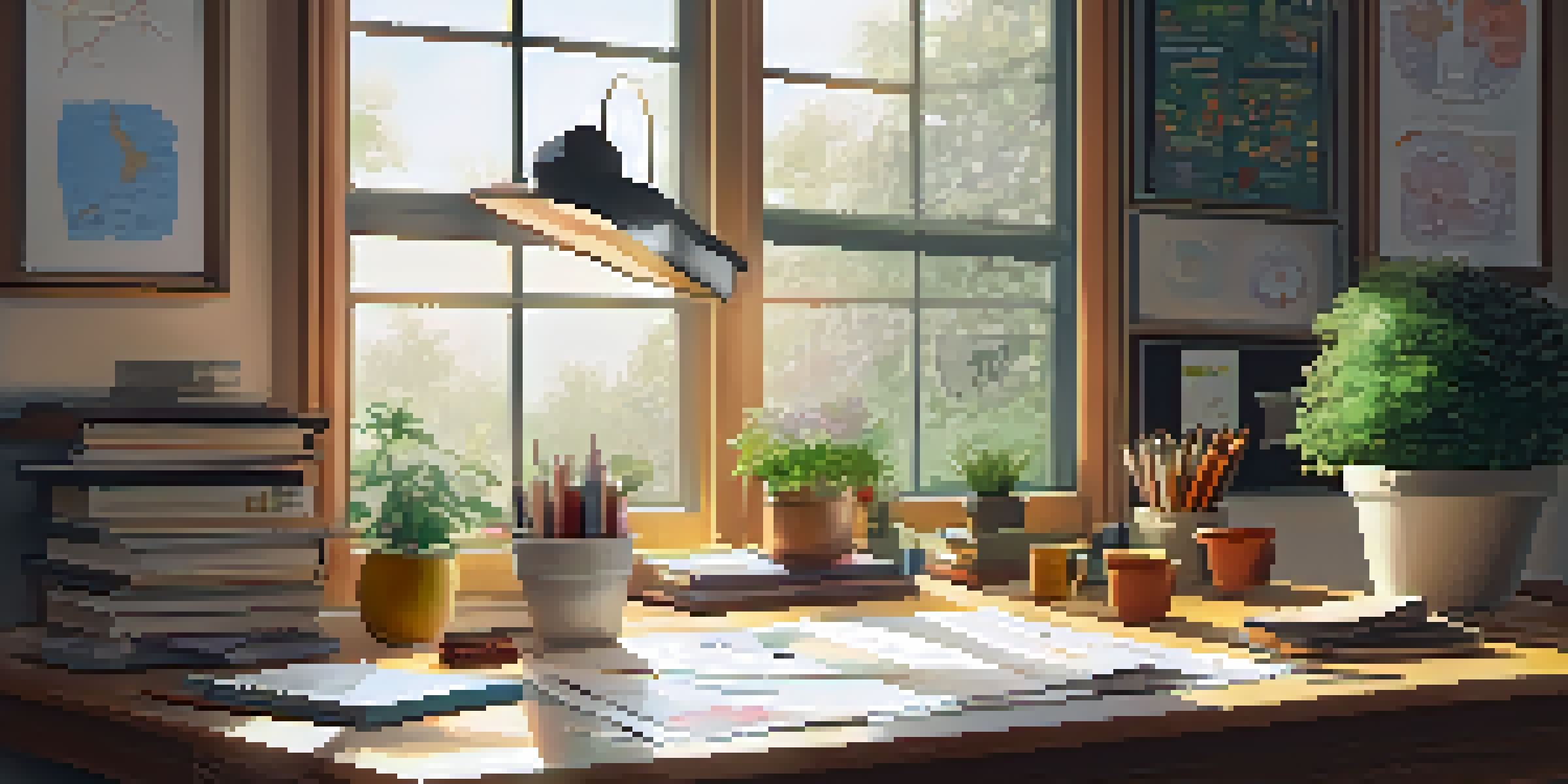 A cozy workspace with a colorful life map on a wooden desk, illuminated by natural light.
