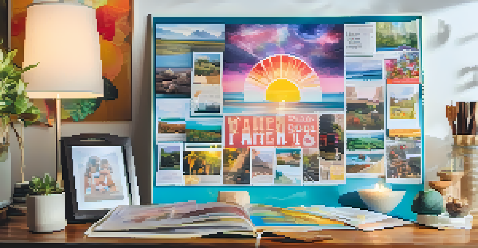 A colorful vision board with images and affirmations representing health and success, placed on a wooden desk with a glowing lamp.