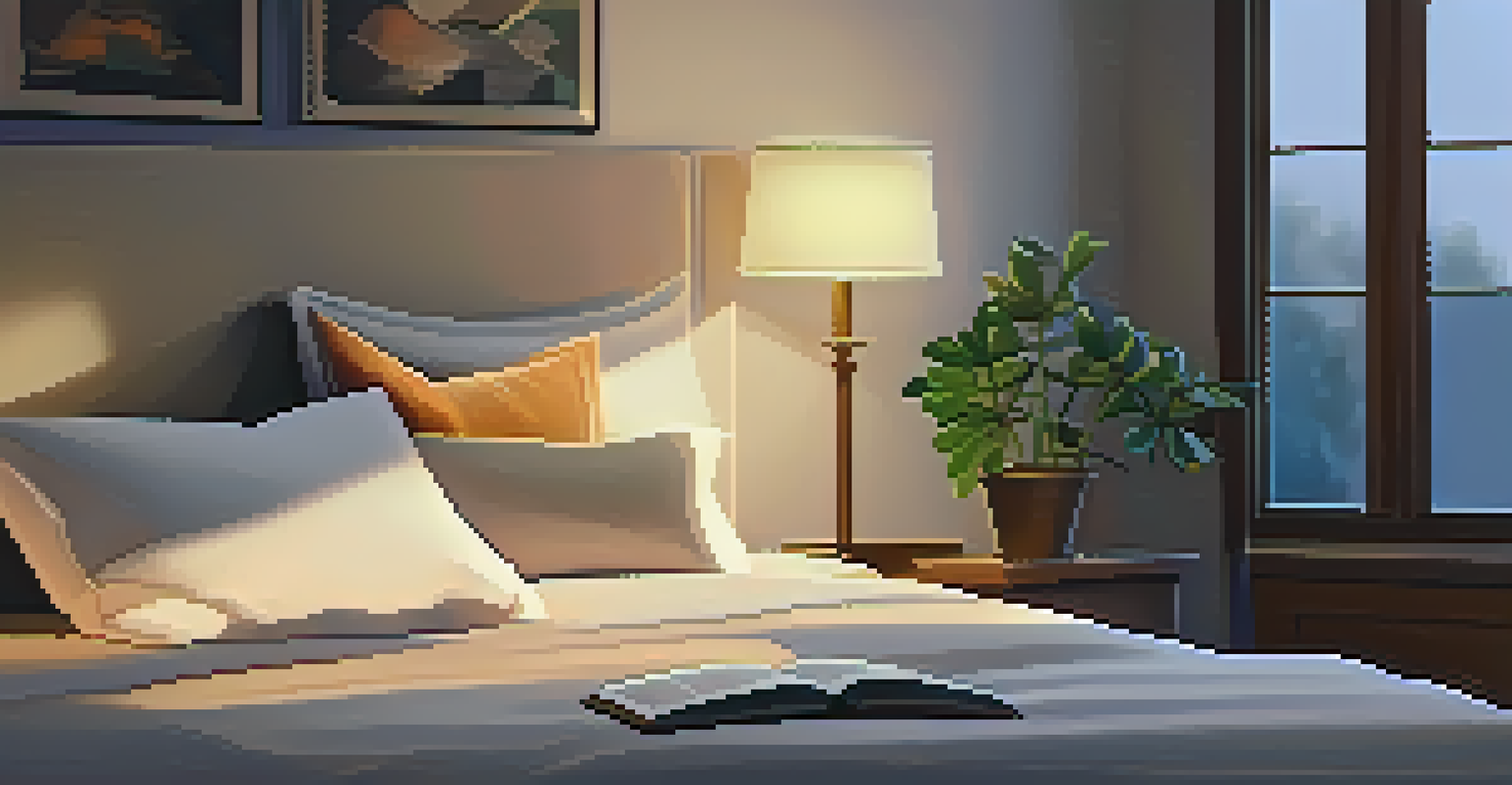 A cozy bedroom with a made bed, soft pillows, and a warm light during twilight.